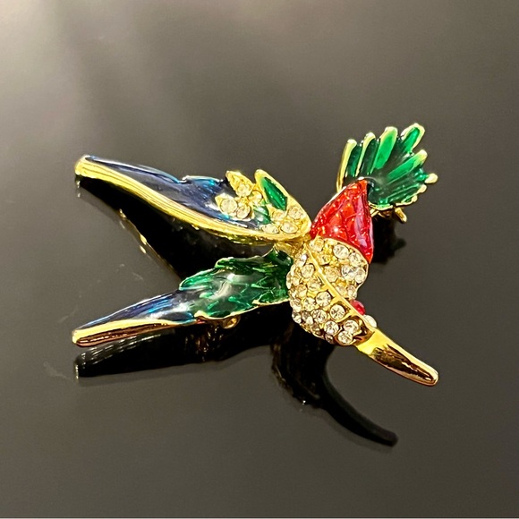 Vintage Enamel with Rhinestones Hummingbird Brooch - Picture 4 of 14